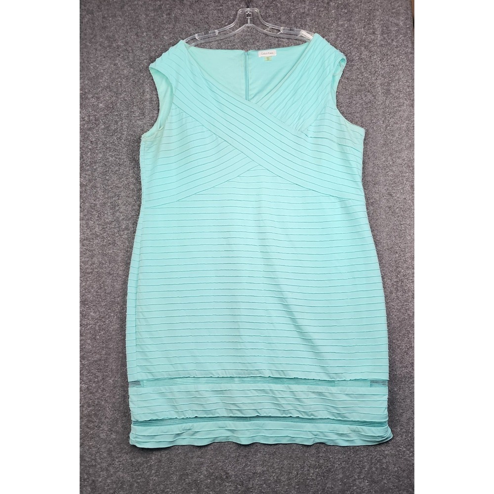 Calvin Klein Sheath Dress Women 22W Mint Green Pleated Textured V-Neck Mesh Hem‎